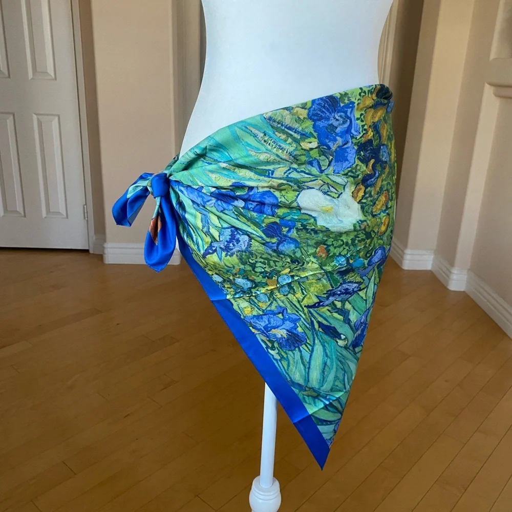 Vibrant Blue 100% Silk Floral Wrap Sarong Scarf Wall Art